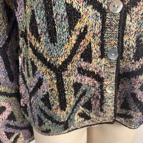 Vtg 90s Y2K South Cotton Womens L Hand Knitted Cardigan Sweater Heavy Y Pattern - Picture 5 of 11